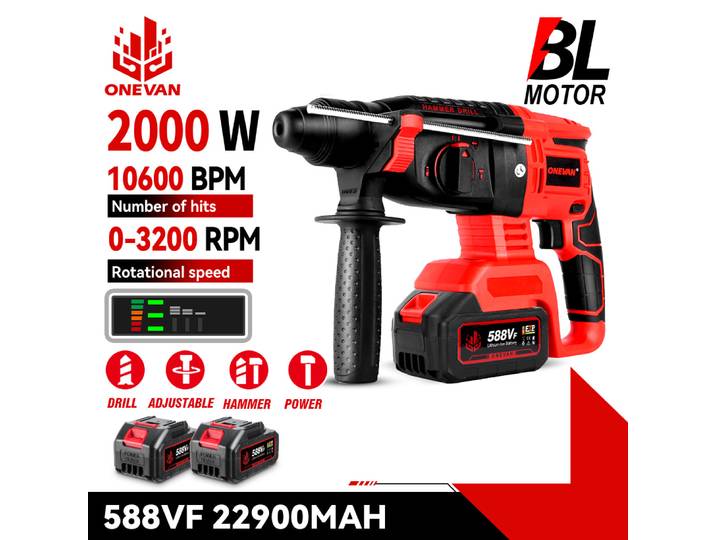 ONEVAN 2000W marteau électrique sans brosse multifonction marteau rotatif sans fil perceuse à percussion outil électrique pour Makita 18V batterie broche