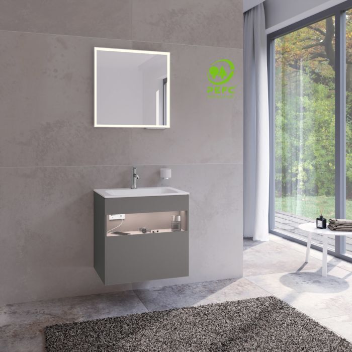 Keuco Stageline Waschtisch-Unterschrank 32852290100 65 x 62,5 x 49 cm, Lack Inox Seidenmatt, Glas Inox satiniert, mit Elektrik