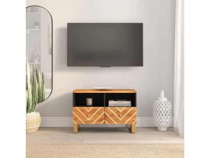 HEFZGDB TV-Schrank Braun und Schwarz 70x33,5x46 cm Massivholz Mango mit Stauraum und Eisenbeinen für Wohnzimmer