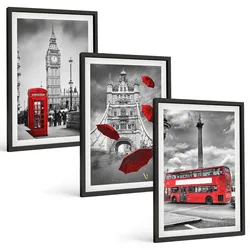 BILDER SET 3er Set - 40x60 cm Schwarzer Rahmen - Roter Regenschirmstand und Londoner Bus