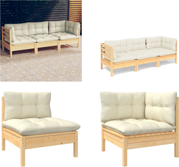 vidaXL 3 Sitzer Gartensofa mit Creme Kissen Massivholz Kiefer - 3-Sitzer-Gartensofa - 3-Sitzer-Gartensofas - Gartensofa - Gartensofas