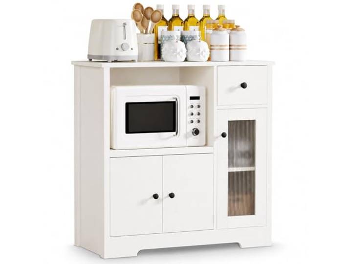 Yorbay Weiß Küchenschrank mit Mikrowellenregal und Arbeitsplatte: 3 Türen Sideboard mit 1 Schublade und Kippschutz - Stauraumschrank für Geschirr Vorräte und Küchengeräte - Esszimmer Wohnzimmer