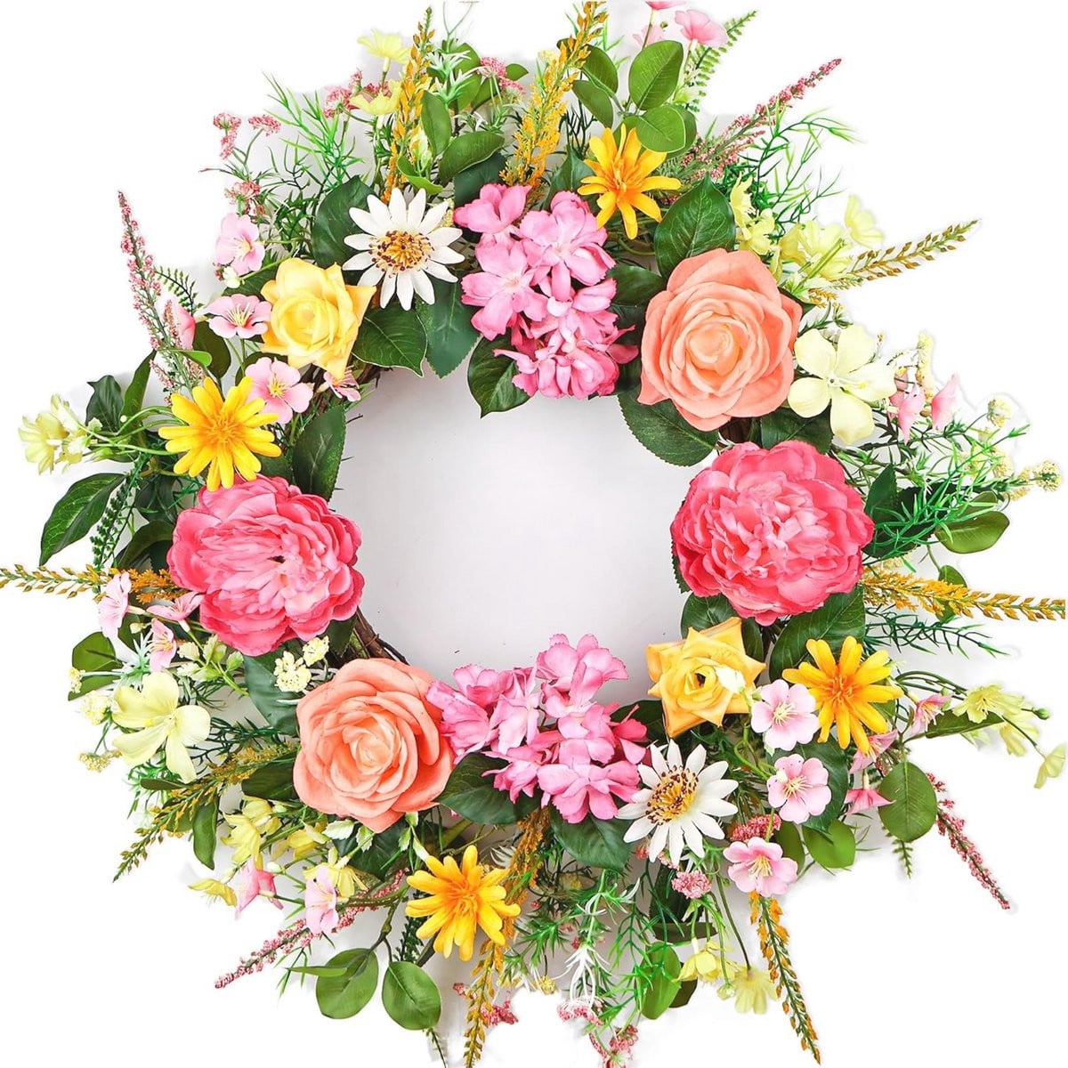 Bloemenkrans voor Voordeur - Lente en Zomer Decoratie met Valse Pioenrozen en Groene Bladeren