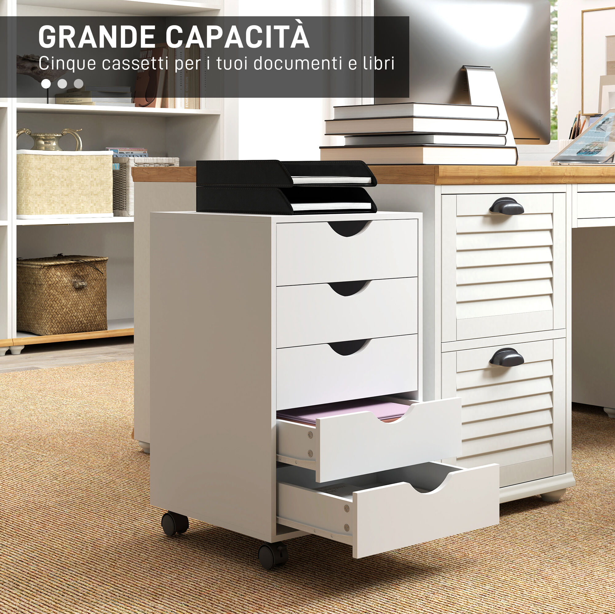Altro Cassettiera Da Ufficio A 5 Cassetti Con Ruote Girevoli Con Freni, 40x40x67 Cm, Bianco