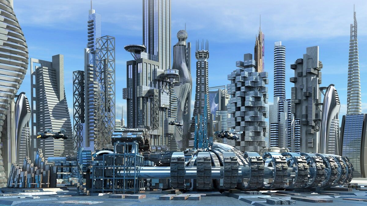 Fototapete PAPERMOON "Science-Fiction-Skyline", bunt, B:3m L:2,23m, Vlies, Tapeten, Fototapete bunt B/L: 3m x 2,23m, Bahnen: 6 Stk.
