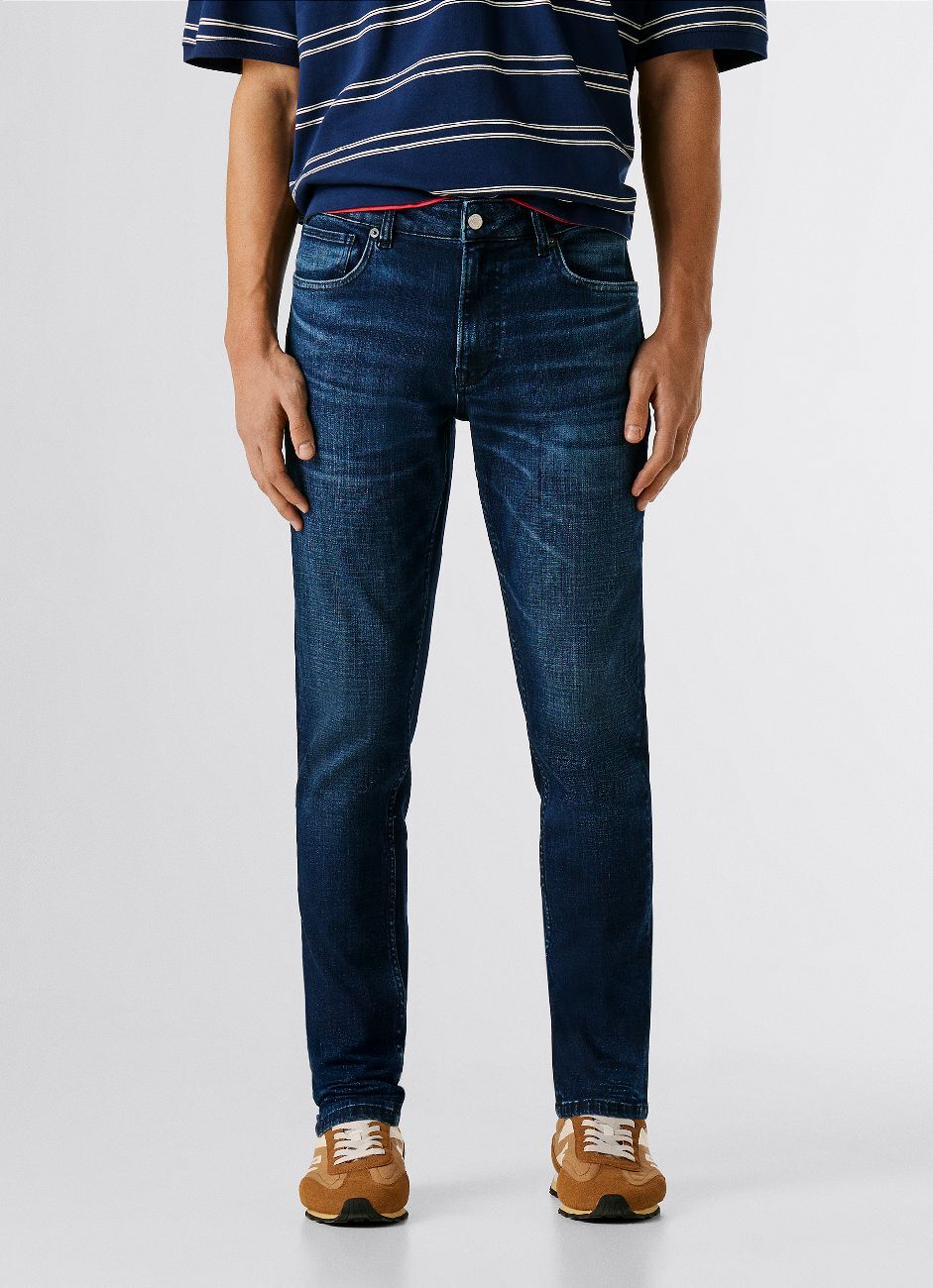 Tapered-fit-Jeans PEPE JEANS "STANLEY", Herren, Gr. 32, Länge 32, blau (blau deep), Denim/Jeans, Obermaterial: 96% Baumwolle, 3% Polyester, 1% Elasthan, gerade, unten schmal lang, Jeans Tapered-fit-Jeans blau deep 32, Länge 32