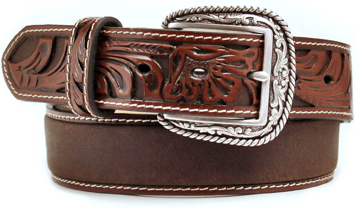 Men's Floral embossed ends belt in Tan Leather, Size: 32 by Ariat