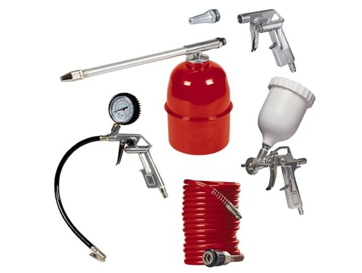 Original Einhell 5-tlg. Druckluftset Profi (für alle handelsüblichen Kompressoren bis mind. 8 bar, inkl. Sprühpistole, Farbspritzpistole, Ausblaspistole, Reifenfüller, 4m Schlauch)