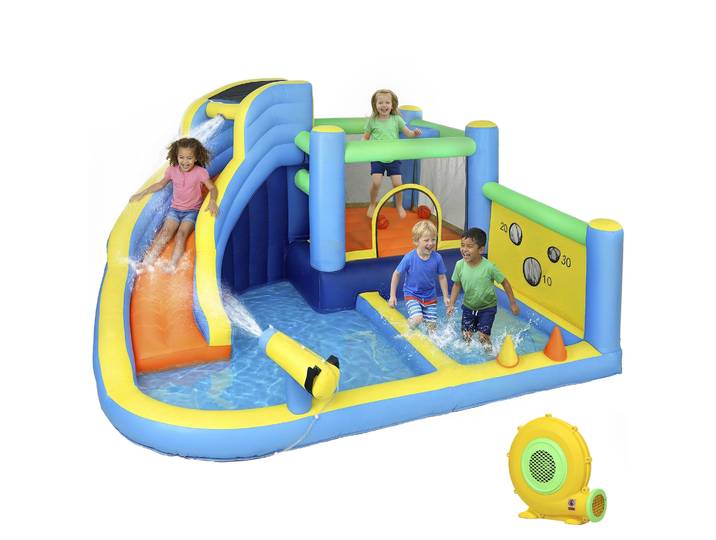 Aiyaplay Château Aquatique Gonflable 8-en-1 avec Souffleur 550W, Toboggan, Trampoline, Piscines d'escalade, Panier et Lancer de Cerceaux