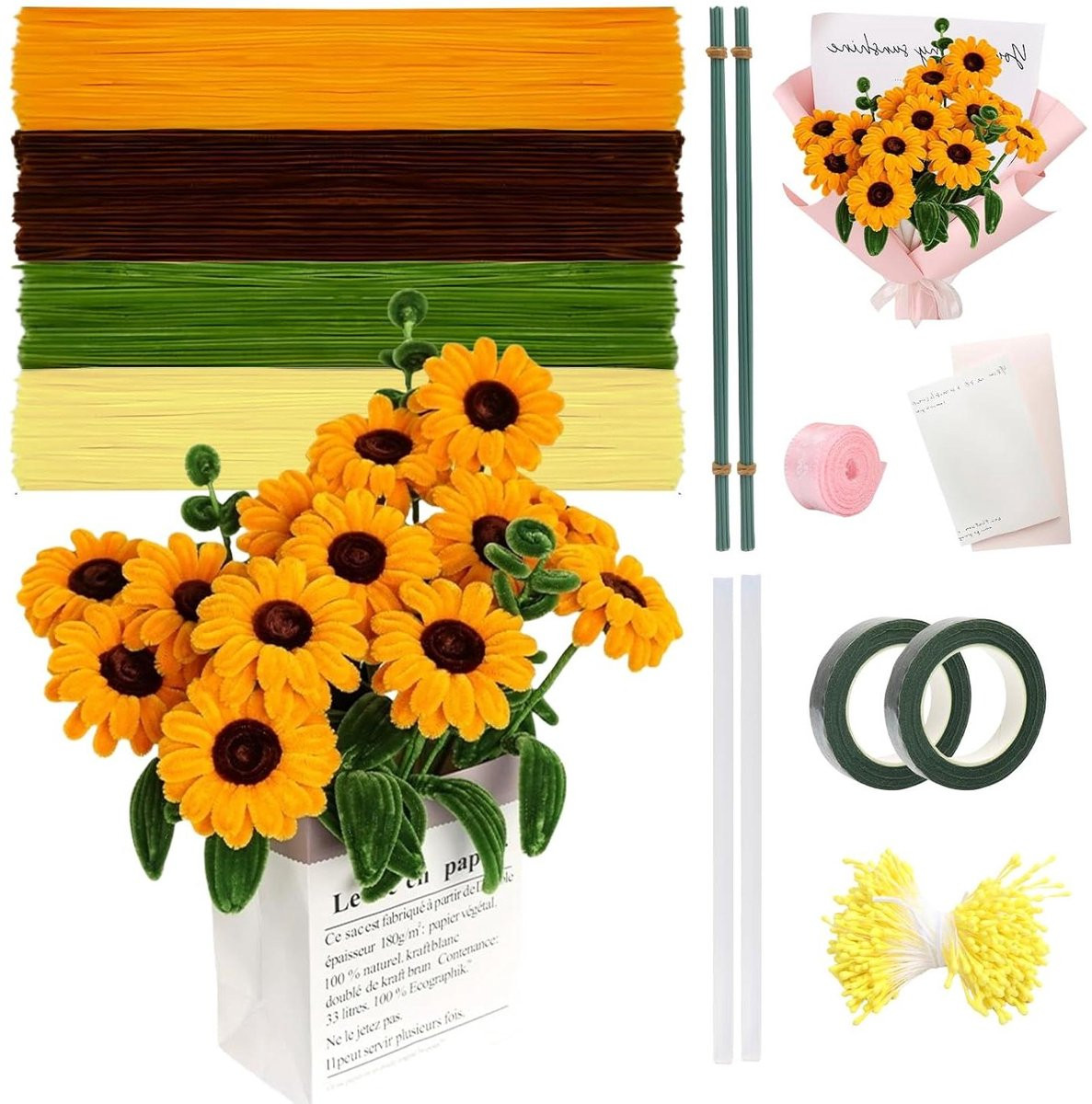 Pijpenreiniger Zonnebloemen Knutselset met Bloemendraad - 400 Stuks - Gekleurd