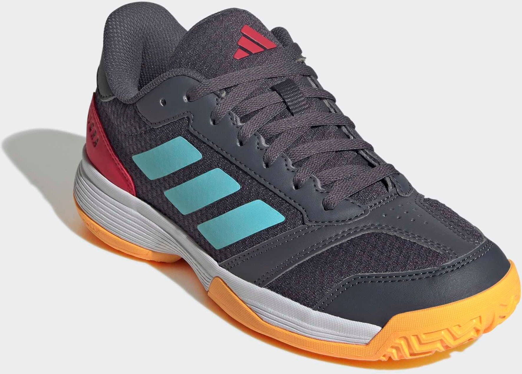 Hallenschuh ADIDAS PERFORMANCE "LIGRA 8 INDOOR KIDS", Jungen, Gr. 38, grau (aurora onix, flash aqua, semi lucid rot), Synthetik, Textil, Schuhe Hallenschuh