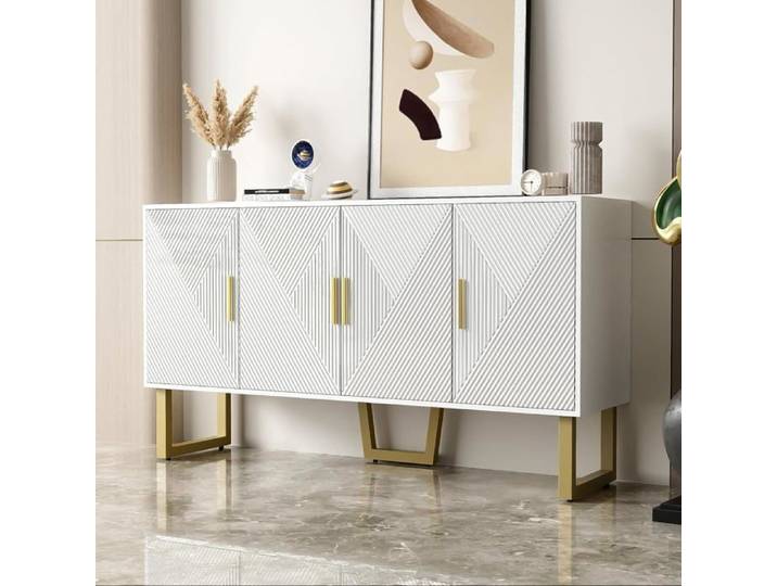 Buffet Salon Blanc Moderne avec 4 Portes Texturées Façade Brillante Poignées Dorées Meuble Elégant 150x40x82cm