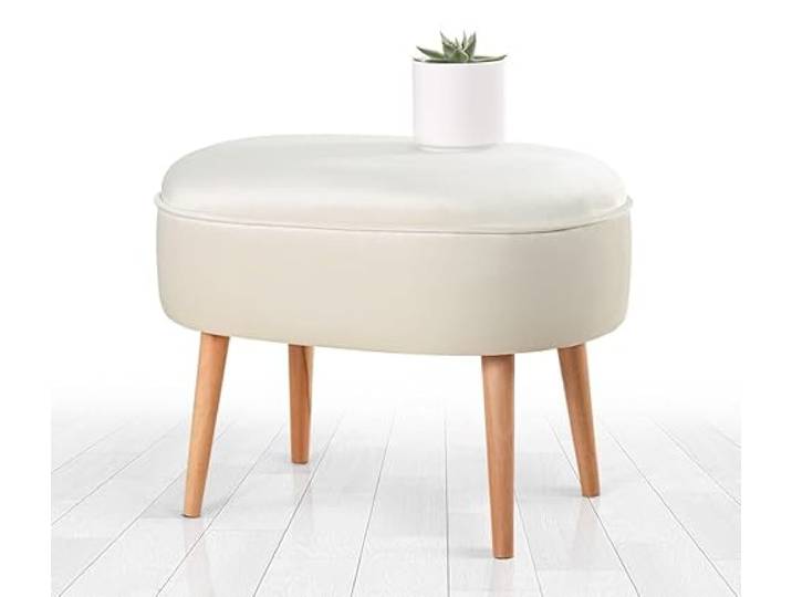 Atelier Del Sofa Eleganter cremefarbener Samtpouf mit Holzbeinen, 63 x 47 x 44 cm 6 cm orthopädische Polsterung, im Bohème- und skandinavischen Stil Ideal für Zuhause und Hotel