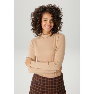 Rollkragenshirt ANISTON CASUAL, Damen, Gr. 40, braun (camelfarben), Single Jersey, Obermaterial: 48% Baumwolle, 47% Modal, 5% Elasthan, unifarben, sehr figurbetont hüftlang, gewellter Abschluss, 20_2_7_Shirts, mit gewellten Abschlüssen
