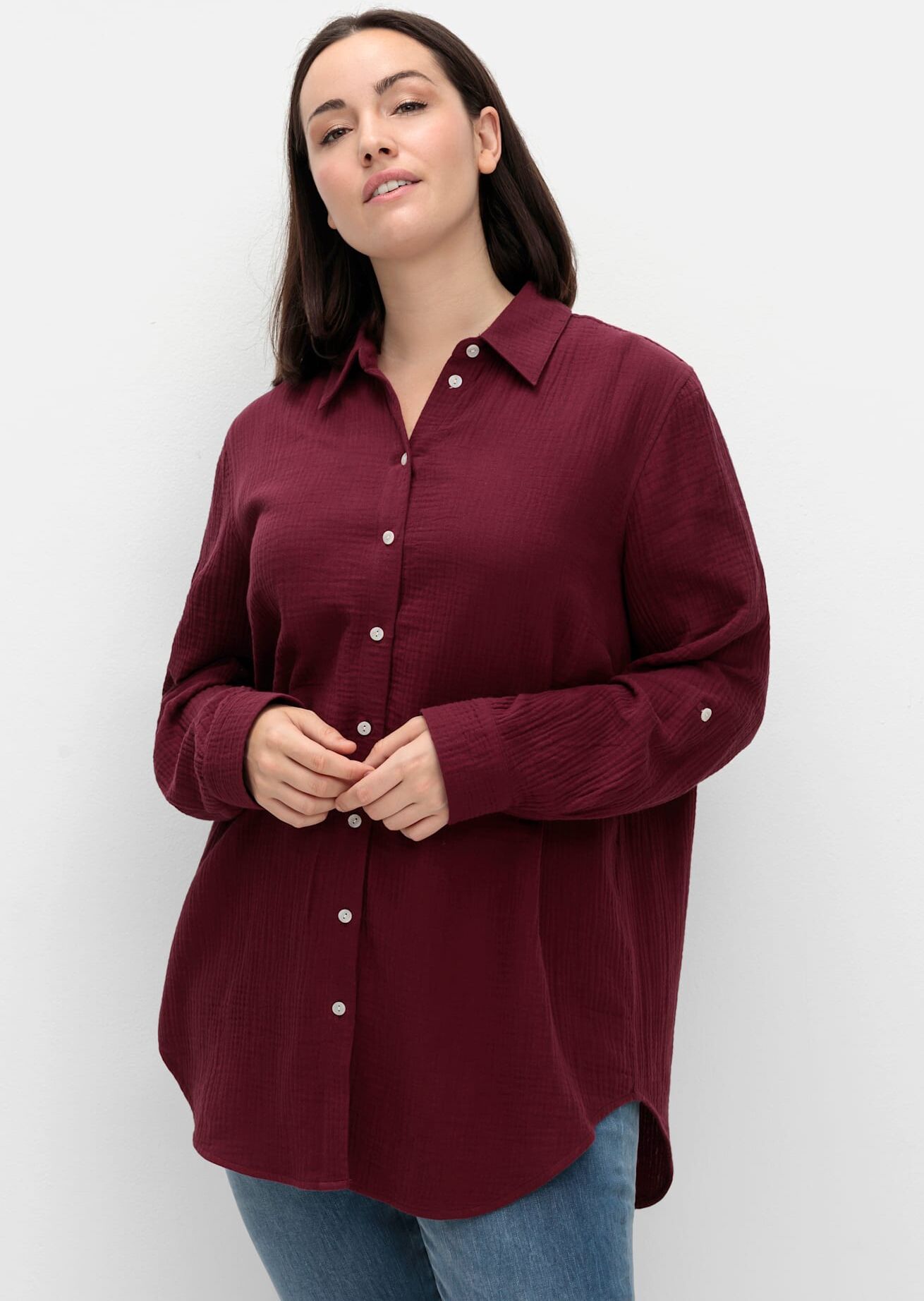Hemdbluse SHEEGO, Damen, Gr. 48, rot (weinrot), 100% Baumwolle, unifarben, Blusen Hemdbluse weinrot 48