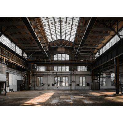 Fototapete PAPERMOON "LEERE FABRIKHALLE-VERLASSENER ORT VINTAGE WANDTAPETE", bunt, B:3,5m L:2,6m, Vlies, Tapeten