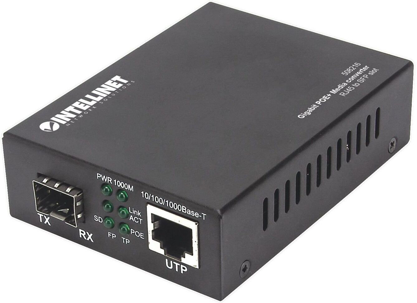 Intellinet Gigabit PoE+ Media Converter, 1 x 1000Base-T RJ45 to 1 x SFP Port, PoE+ Injector (Euro 2-Pin Plug)