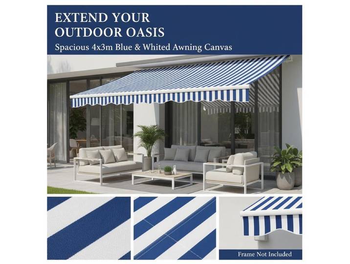 Toit d'auvent en toile bleue et blanche 4x3 m en polyester résistant aux UV, toile de remplacement sans cadre inclus.