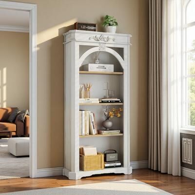ZWYO HOSIMU "65""H Antique Distressed 4-Tier Bookshelf with Natural Wood Shelves for Home Office and Living Room - Easy Assembly"
