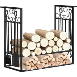 OKWISH Kaminholzständer aus Stahl Schwarz 75x30x60 cm mit Kaminbesteck Pulverbeschichtet erhöhte Ablage große Kapazität für Innen und Außen