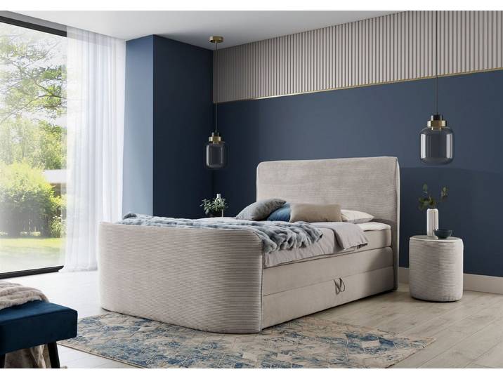 Fun Möbel Boxbett Bett Schlafzimmerbett BODY in Stoff Poso / Kronos (Inkl. Bettkasten und Topper), Kopfteil und Fußteil trendig gerundet