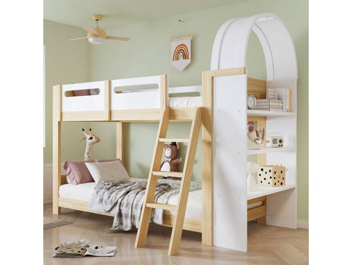 Lit superposé enfant - 90x200 cm - Étagère 3 niveaux - Barrière de sécurité - Bois FSC
