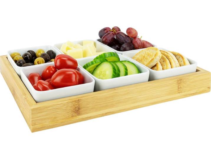 Krumble Borrelplank met 6 schaaltjes - Borrelplank - Tapasschaal - Serveerschaal met vakjes - Snackschaal - Snack- & tappasschalen - Serveerplanken- Serveerschalen - Hout en Keramiek - 6 delig schaaltjes - Wit en bruin