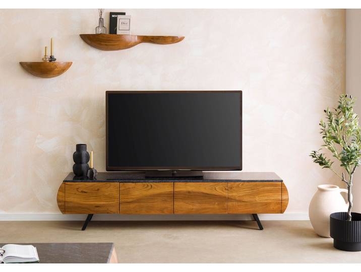 TV-Board Akazie 204x40x45 natur lackiert / Marmor schwarz MONTREAL #123