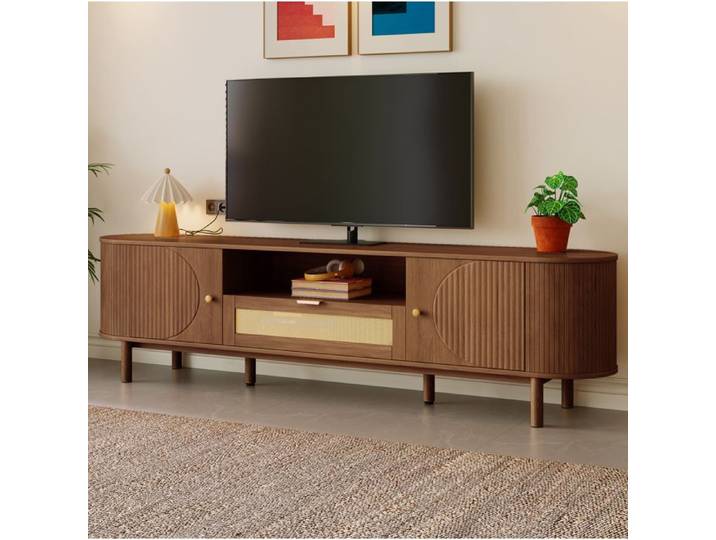 Meuble TV design courbé avec portes latérales et niche ouverte - TCQPZ - MDF Walnut 175×36×51 cm