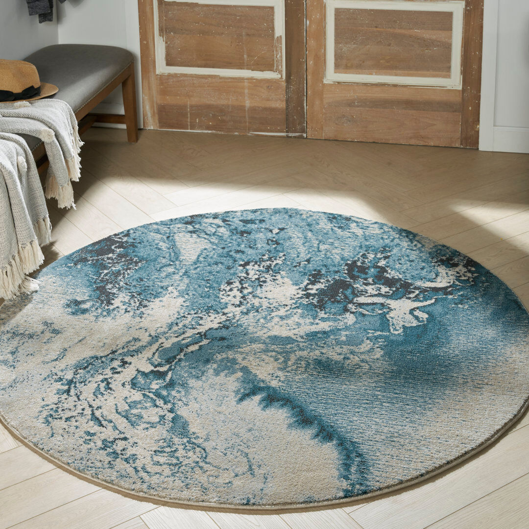 Nourison Maxell Abstract Area Rug Ivory Teal Round 160 x 160cm