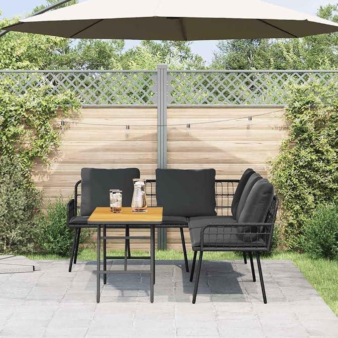 Gartensofa-Set 2-teilig, Schwarz Poly-Rattan, Akazienholz, Outdoor-Möbel für Terrasse, Balkon, Essgruppe, 4 Personen, robust
