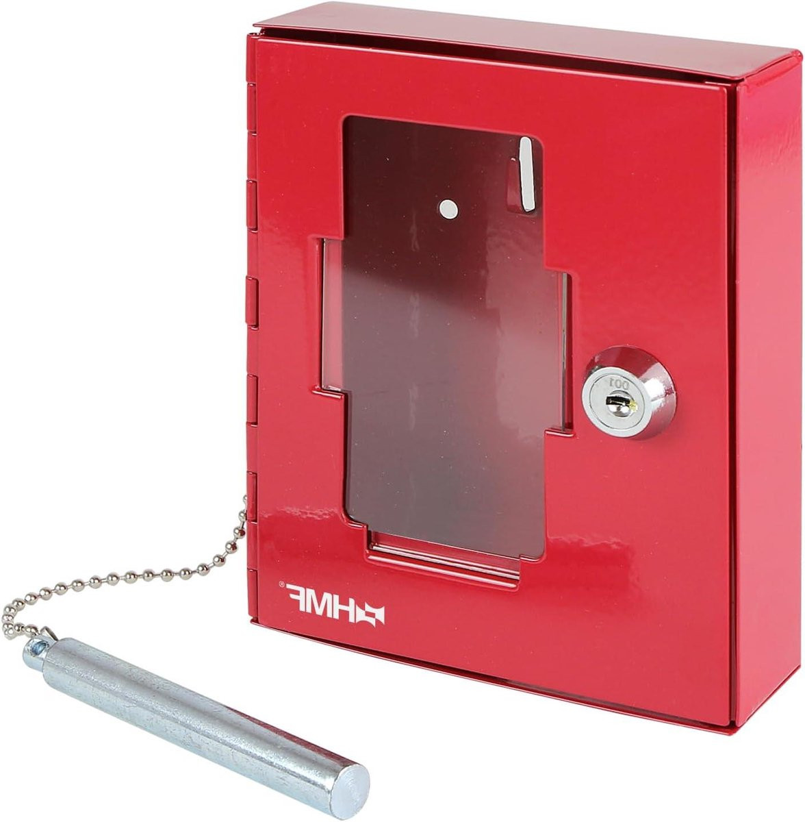 Rode Noodsleutelkast met hamer en verwisselbare glasplaat - B/D/H: 15 x 12 x 4 cm