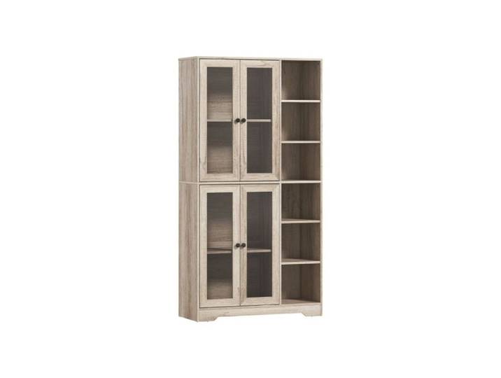 Multi-Storage Kitchen Cabinet with Glass Doors - Grey Wood-Effect