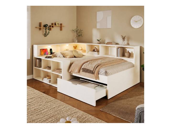 TavilaEcon Holzbett Tagesbett, Funktionsbett mit Ladeanschlüsse USB Typ-C (1-tlg), mit offenen Regale, zwei integrierte Lampen und Schubladen, 140×190cm