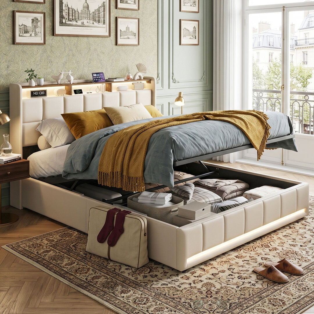 17 Stories EU Sizes Linen Ottoman Bed with LED Storage Headboard, Upholstered Tufted Smart Bed Frame with USB & Type-C Charging, Beige & Grey, 90/140/160 x 200cm Beige European Kingsize (160 x 200 cm)
