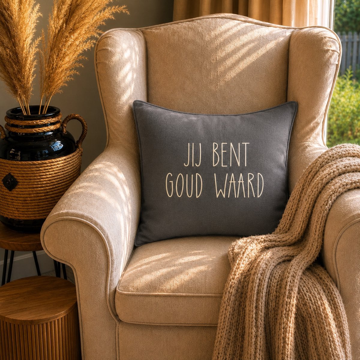 Grijs luxe kussen met tekstopdruk Jij bent goud waard, 40 x 40 cm