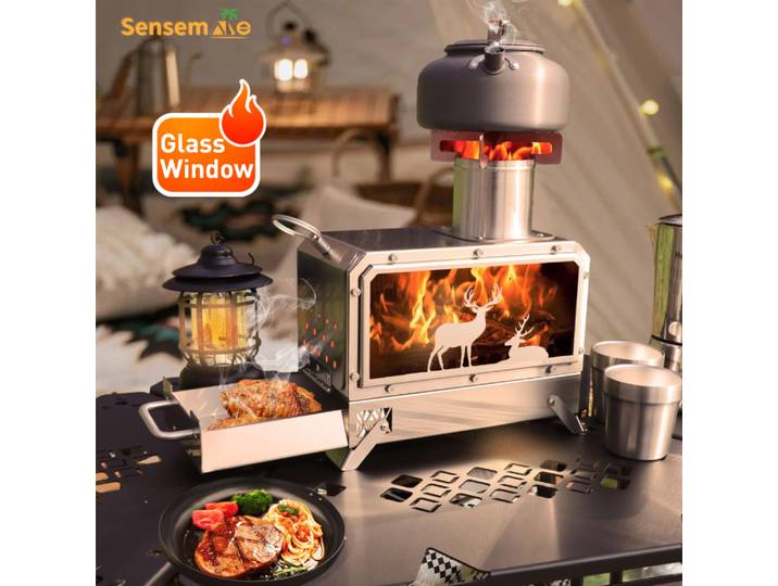 Poêle à bois portable en acier inoxydable, four de camping avec fenêtre en verre, réchaud fusée pliable, mini tiroir pour barbecue, jardin, randonnée