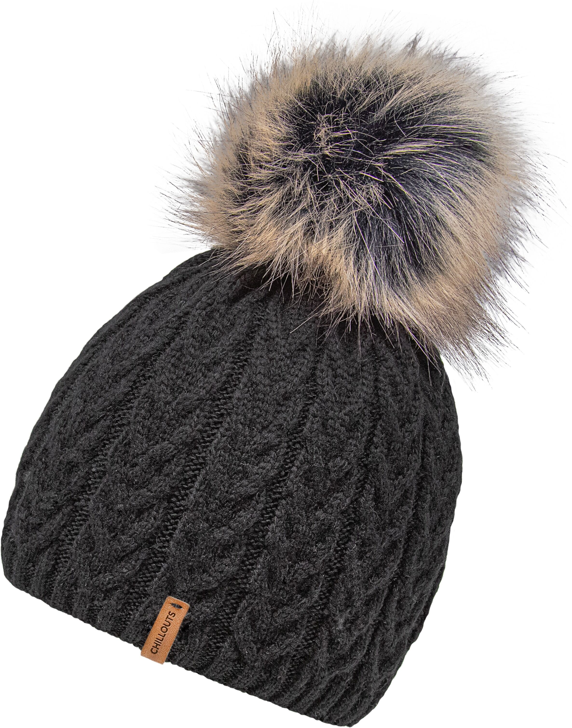 Bommelmütze CHILLOUTS "Tabea Hat", Damen, schwarz, Feinstrick, Materialmix, Fellimitat, Zopfmuster, meliert, unifarben, Mützen Bommelmütze, mit abnehmbarem Kunstfell-Bommel schwarz Einheitsgröße