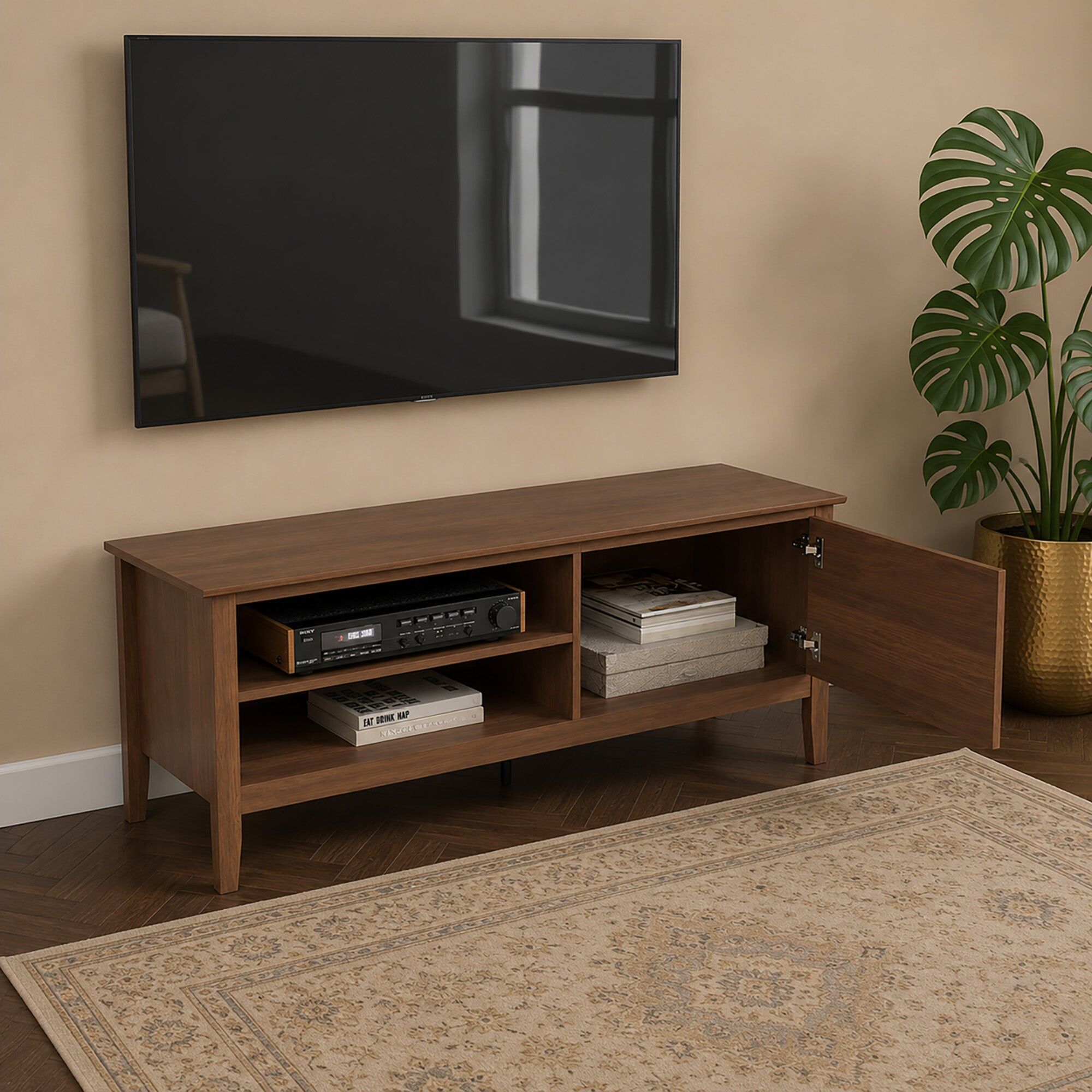 Large Dark Wood Fluted TV Cabinet / Media Storage Unit - 120cm x 50cm (47" TV's) - Hales Dark Wood Range Manufactured Wood, Metal