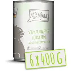 MJAMJAM 400 Gramm Katzennassfutter Sparpaket 12 x 400 Gramm schmackhaftes Hühnchen mit Sellerie