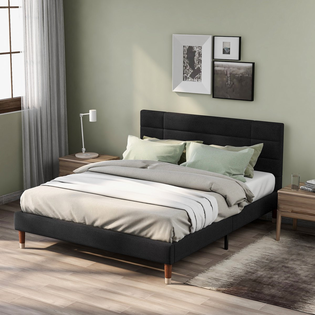 MODFU Ledikant met 7-zones matras, Gestoffeerd linnen, Zwart, B/D: 140 x 200 cm
