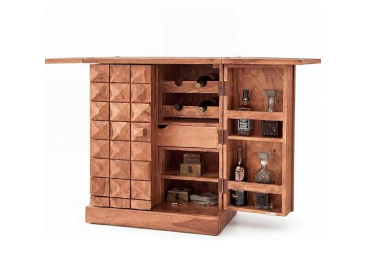 FineBuy Hausbar 65x50x91 cm Akazie Massivholz Ausklappbar, Weinbar kleiner Barschrank mit Türen und Kachelmuster, Spirituosenschrank aus Echtholz mit Stauraum, handgefertigt