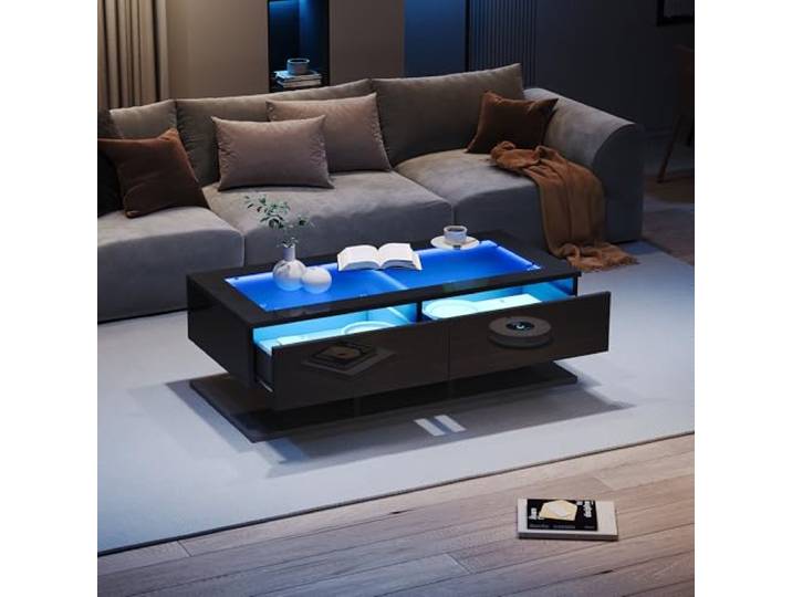 Merax Hochglanz Couchtisch mit LED, Schwarz Wohnzimmertisch/Sofatisch,Glasplatte & 2 Schubladen – Stauraum und App-gesteuertem Licht 100 x 50 x 35 cm
