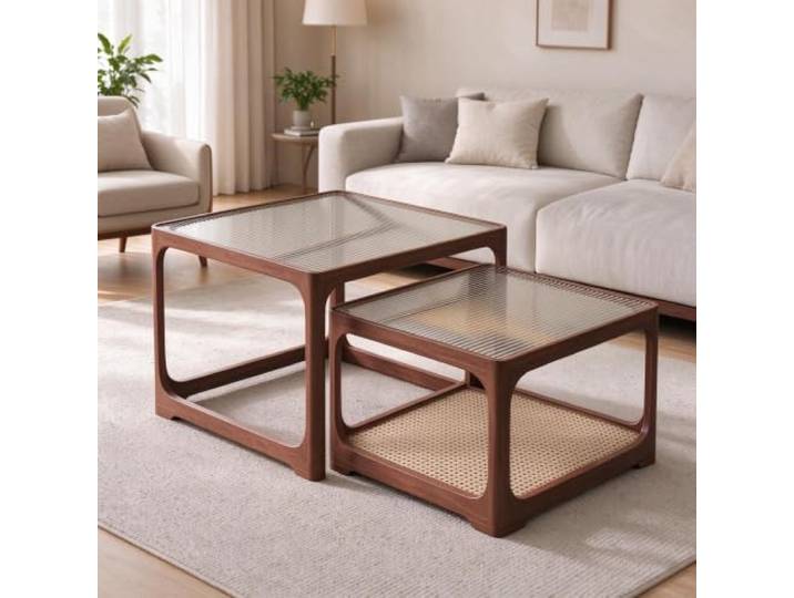 YHTCSXMD Mid-Century Couchtisch mit Massivholzrahmen und Glasplatte Nussbaumoptik oder Naturholzoptik mit 2 Satztischen für Teezubehör, Bücher und Deko im Wohnzimmer oder auf dem Balkon