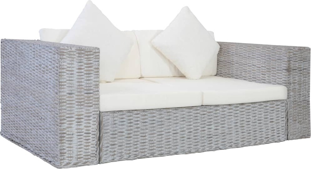 2-Sitzer-Sofa mit Kissen Grau Natürliches Rattan