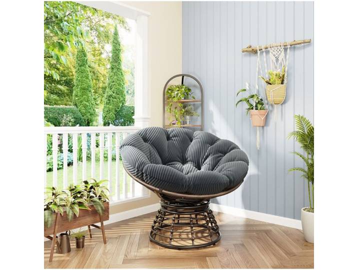 Fauteuil Papasan Rotatif 360° avec Coussin Épais Structure en Métal Tissu Corduroy Gris - UVRION