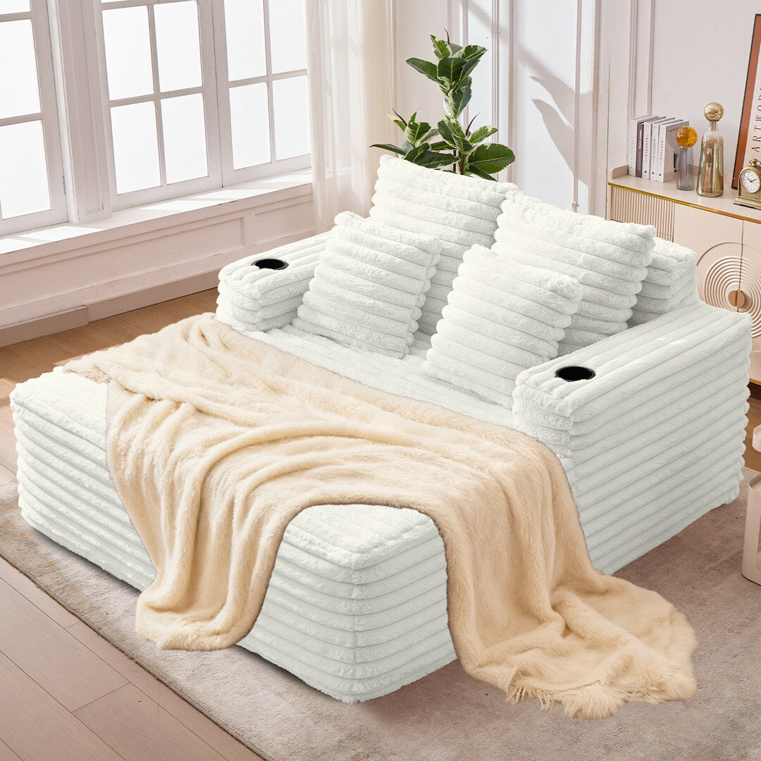 JKECAMARK 57.5"Oversized Indoor Chaise Lounge with Soft Corduroy Upholstery White 87cm H X 128cm W X 135cm L