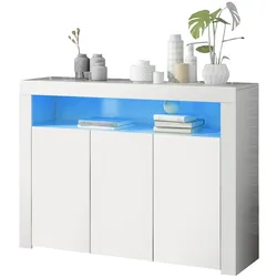 STILVORA Sideboard 130x35x95 cm mit LED-Beleuchtung Weiß Hochglanzfront 3 Türen 2 offene Fächer höhenverstellbare Einlegeböden modernes Design
