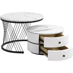 Elegantes Couchtisch-Set 2-teilig rund 60x60x46cm & 50x50x31cm Weiß mit hochglänzender Marmoroptik und Schubladen