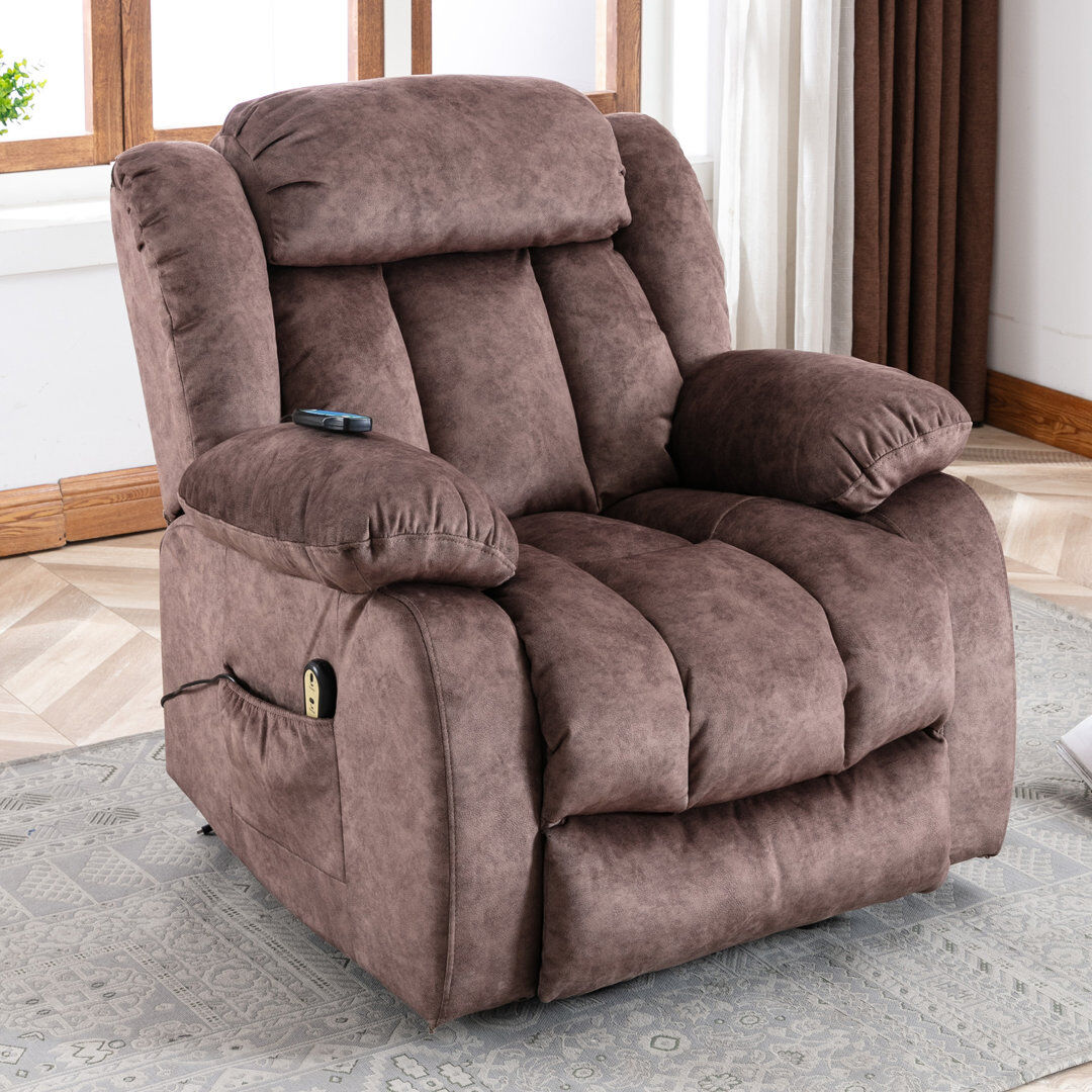 Lark Manor Turenne 96cm Wide Velvet Lift Assist Standard Recliner with Massager Brown 100cm H X 96cm W X 95cm D